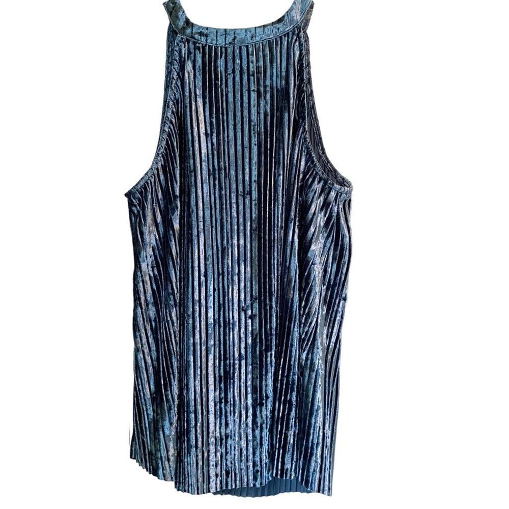 Loverich Blue Crushed Velvet Pleated High Neck Swing Tank Top Size Small Elegant
